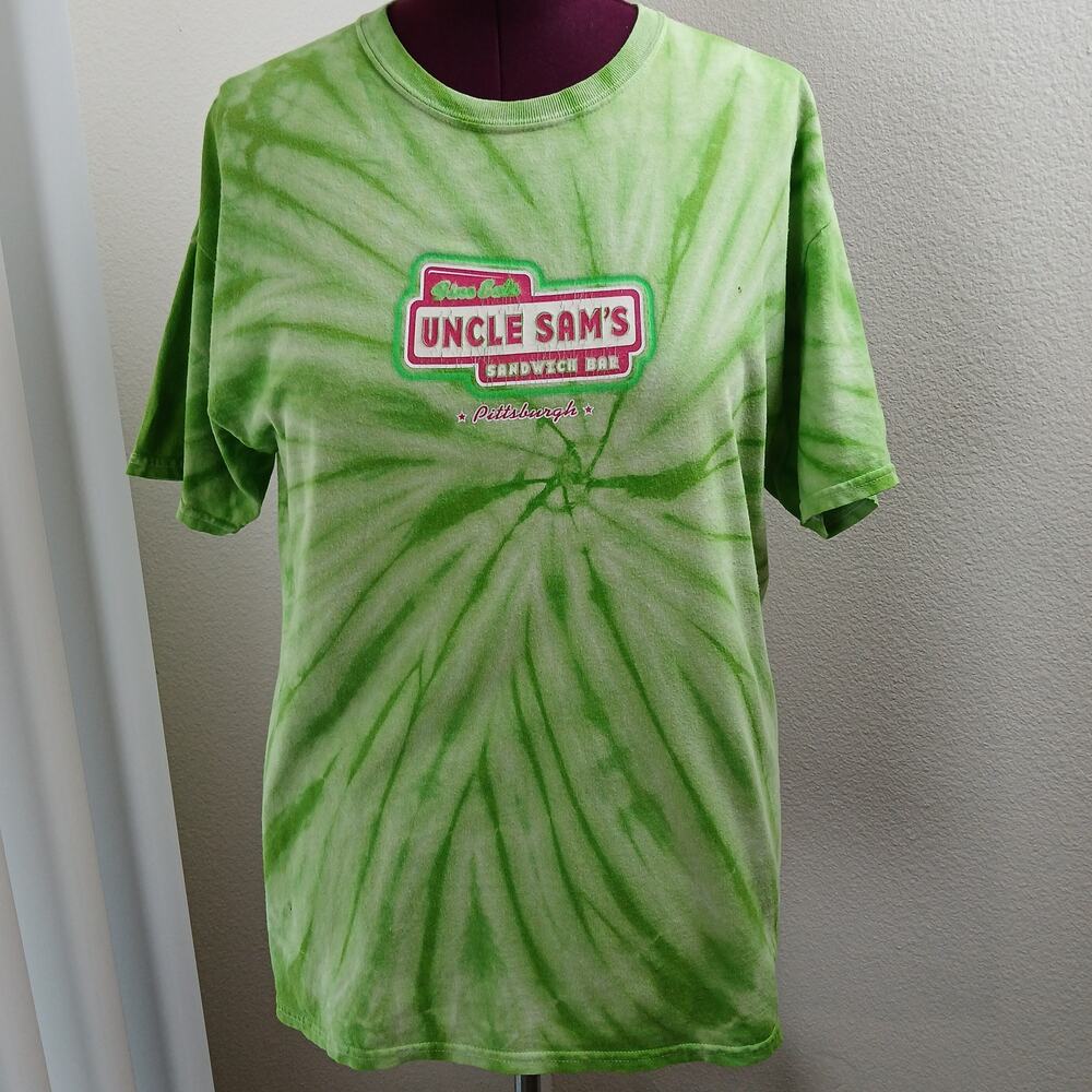 Uncle Sam's Sandwich Bar Pittsburgh Green Tie-dye T-shirt L distressed worn